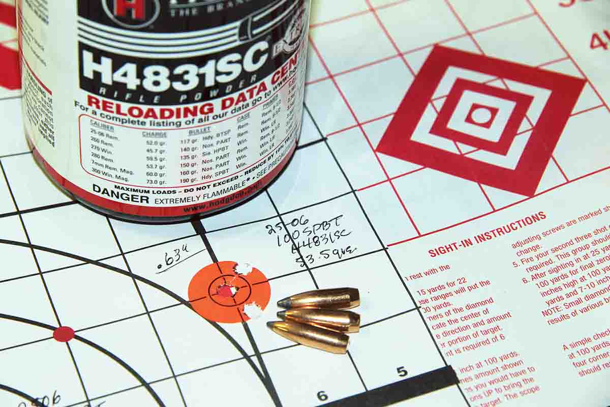 The .25-06 Remington shot its best group with a combination of 53.5 grains of Hodgdon H-4831sc and a Speer 100-grain boat-tail softpoint. The group measured .63 inch at 2,986 fps.